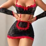 5 parça Kırmızı Siyah Dantel Çiçek Desen Hizmetçi Model Özel Fantezi Tanga Hediyeli 2043