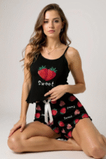 Çilek Baskılı Siyah Askılı Şortlu Pijama Takımı - Görsel 2