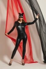 FANTEZİ DERİ KEDİ KIZ KOSTÜMÜ SİYAH (MGP6330)