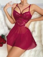 Kadın Kırmızı Fantezi Gecelik Tül Göğüs Dantel Dekolteli Fiyok detaylı 2162