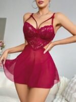 Kadın Kırmızı Fantezi Gecelik Tül Göğüs Dantel Dekolteli Fiyok detaylı 2162 - Görsel 3