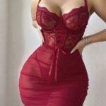 Kadın Kırmızı Fantezi Gecelik Tül Dantel Fiyonk Detaylı Askılı 2209