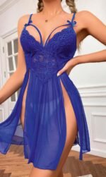 Kadın Saks Mavisi Fantezi Gecelik Tül Göğüs Dantel Dekolteli Fiyok detaylı Yırtmaçlı 2106