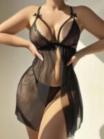 Kadın Siyah Fantezi Gecelik Tül Göğüs Fiyonk detaylı Önden Açık Dekolteli 2195 - Görsel 2