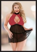 Kadın Siyah Özel Tasarım Göğüs Detaylı File Etekli Seksi Fantezi Büyük Beden Gecelik