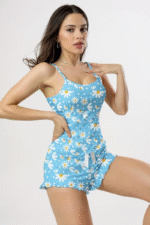 Papatya Baskılı Mavi Askılı Şortlu Pijama Takımı - Görsel 2