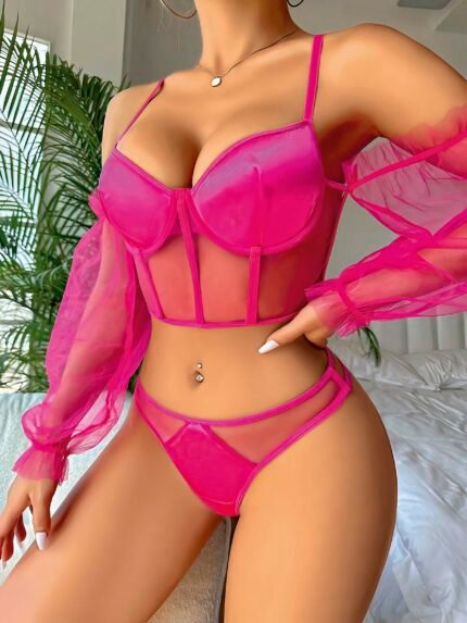 Pembe Kolları Tül Detaylı .Jartiyer Fantezi Takım 2020