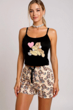 Renkli Ayıcık Desenli Askılı Şortlu Kadın Pijama Takımı - Görsel 3