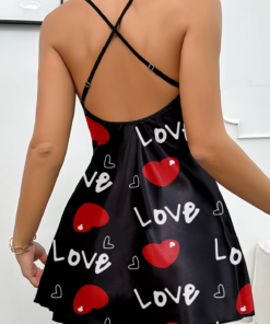 Alternative view of Aşk Temalı Kalp Desenli Siyah Saten Gecelik