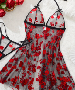 Çiçek Desenli Siyah Transparan Gecelik TM1319