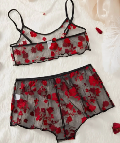 Çiçek Desenli Siyah Transparan Şortlu Gecelik TM1377