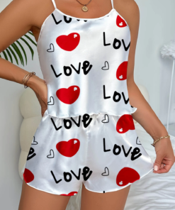 Alternative view of Love Desenli Beyaz Saten Şortlu Gecelik Takım